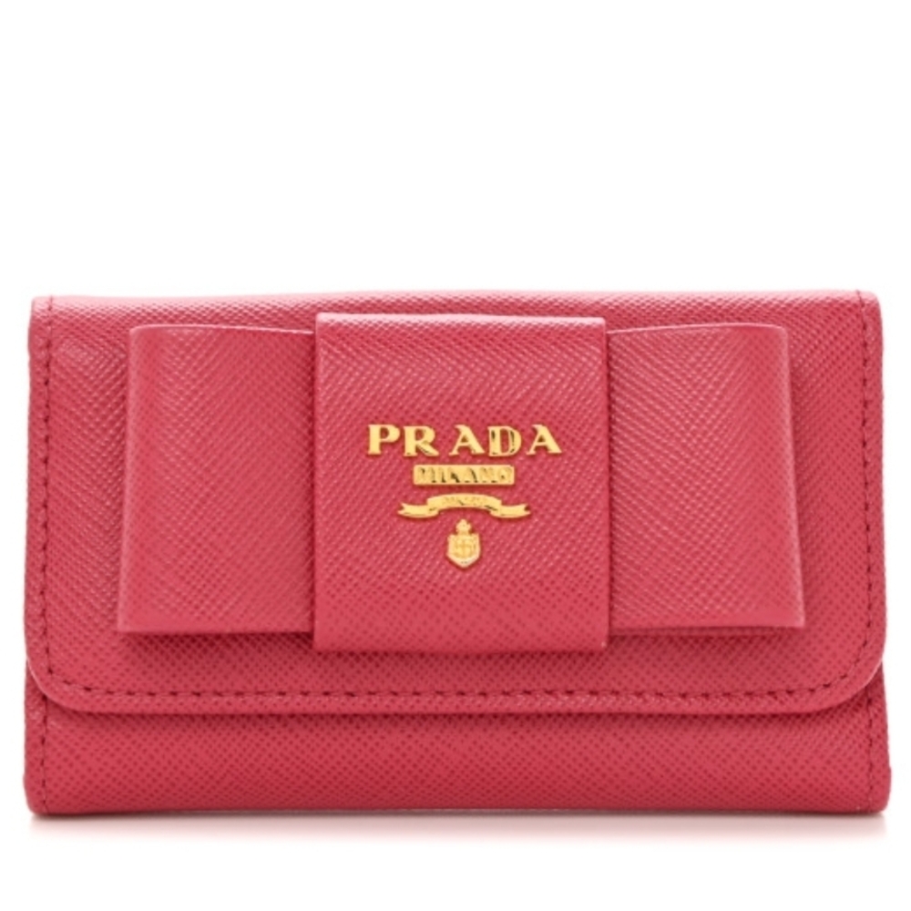 Prada Pink Saffiano Leather Key/Card Holder w/ Bow (COA)